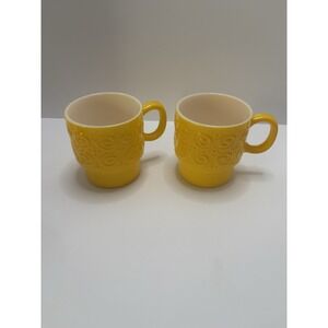2 Hazel Atlas Embossed Yellow Stackable Milk Glass Coffee Mugs!